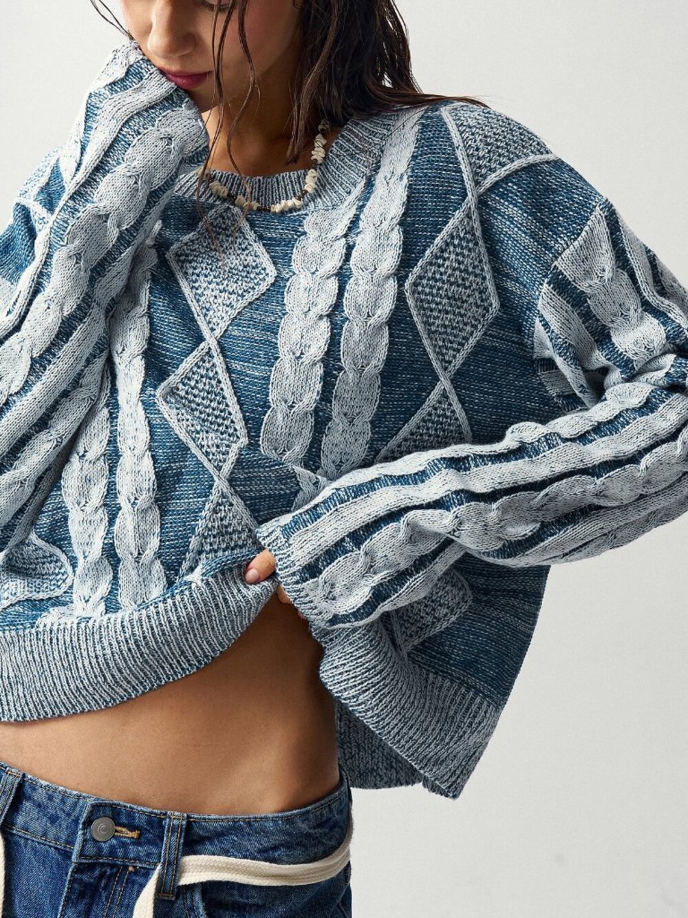 Blue Casual Women's Argyle Cable Knit Lazy Long Sleeve Sweater